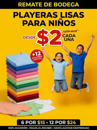Remate de bodega: playeras lisas para niños desde $2 cada una