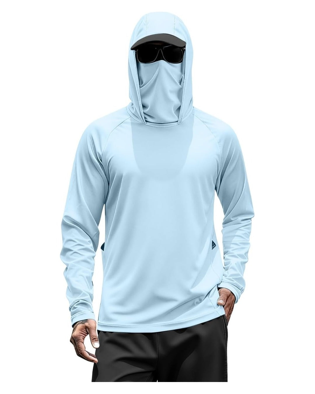 Hoodie de proteccion solar celeste puesto